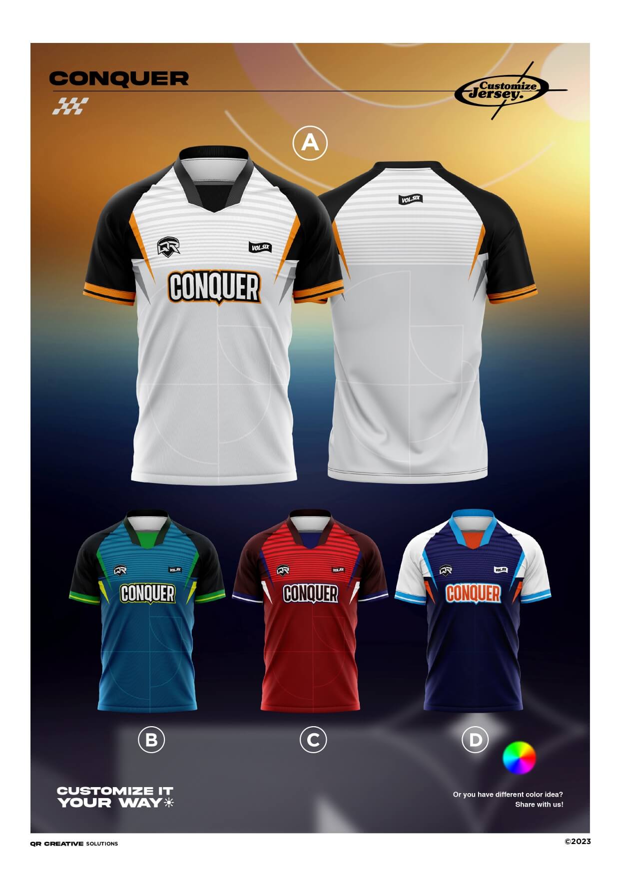 Conquer jersey design in four colourways